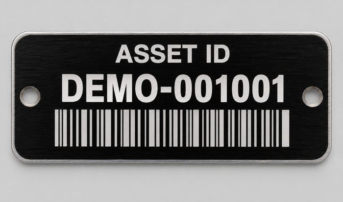 Fictional serialized attachment tag illustrating equipment accountability