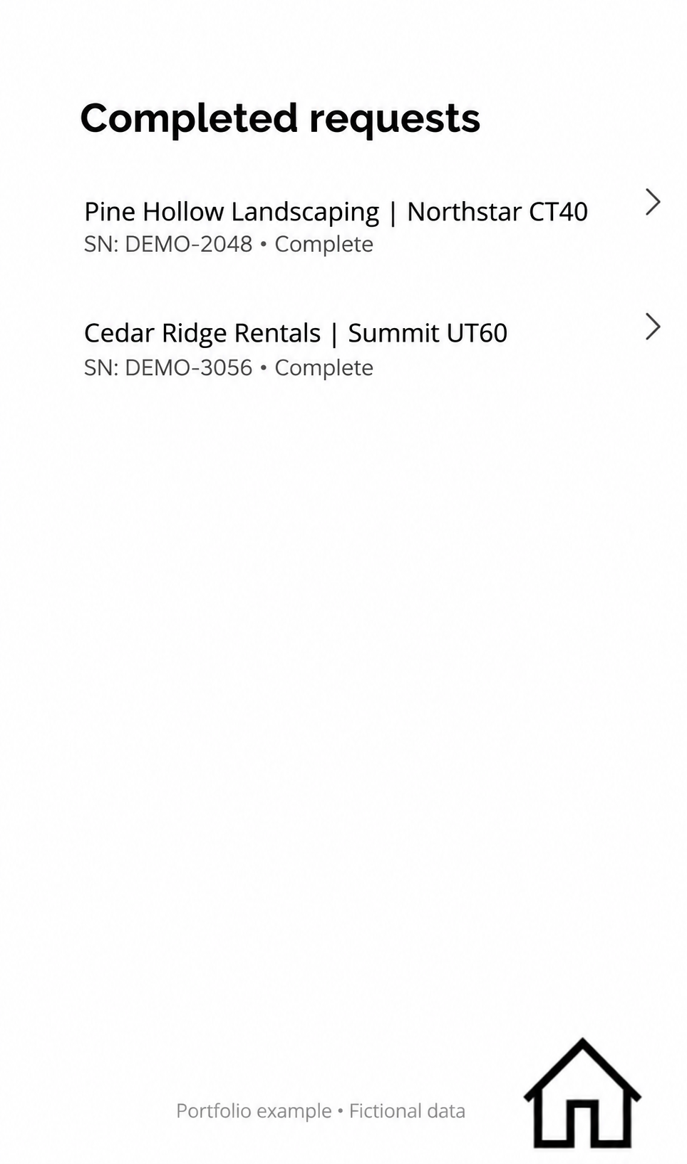 Service request app completed requests screen with fictional example data