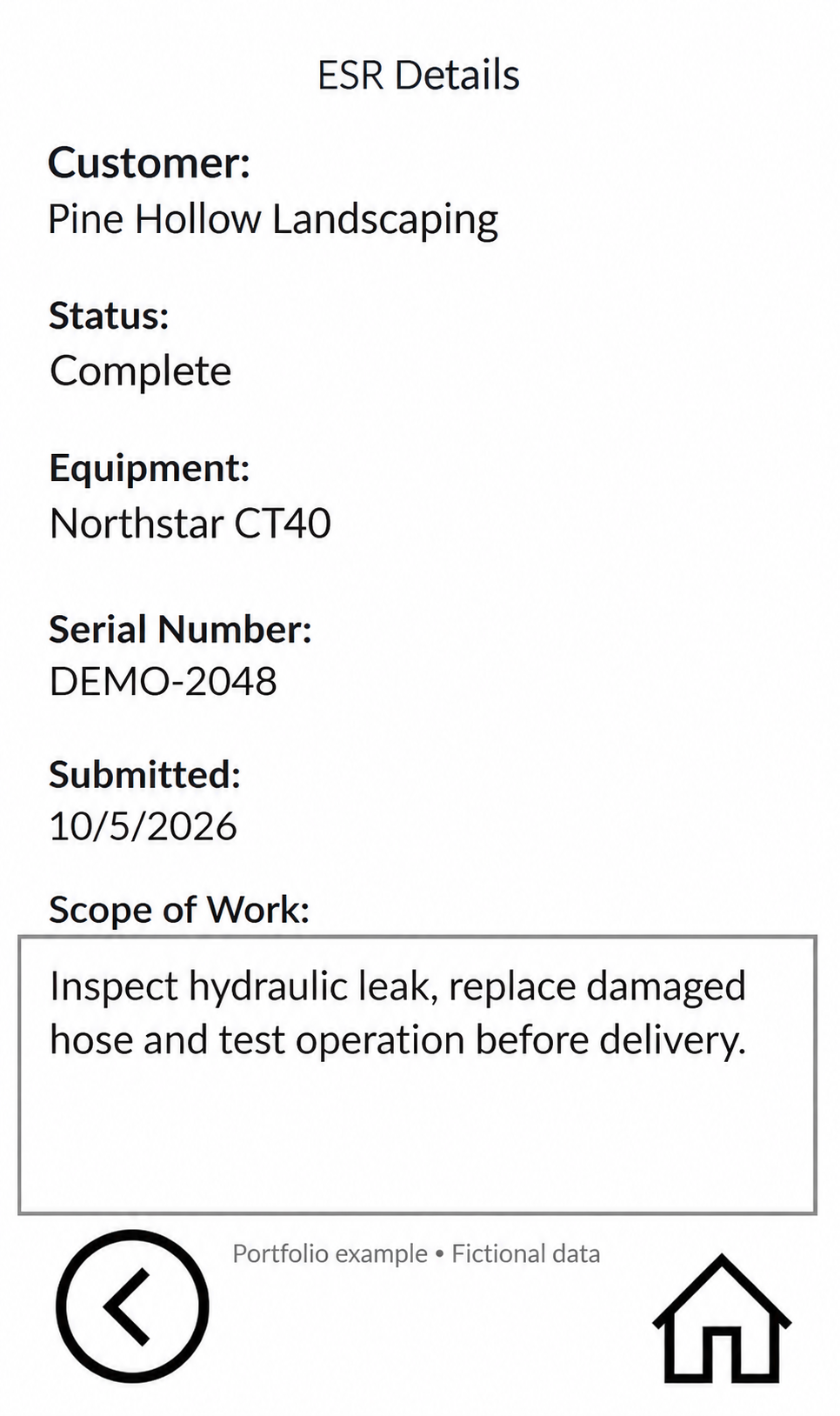 Service request app request details screen with fictional example data