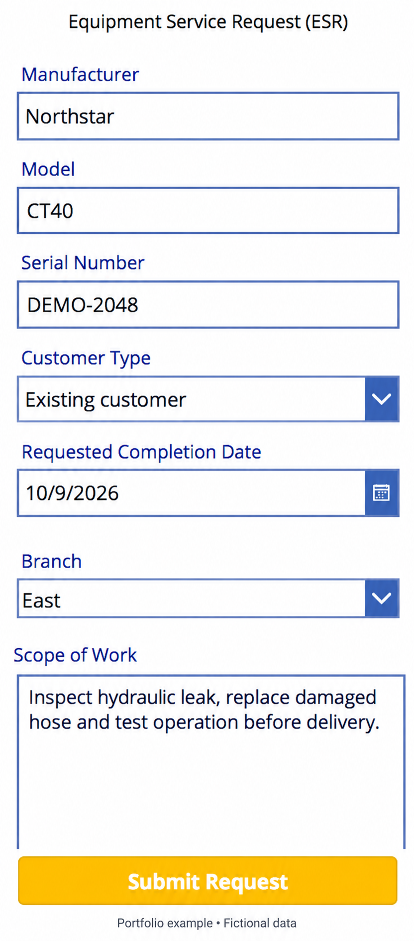 Service request app new request screen with fictional example data