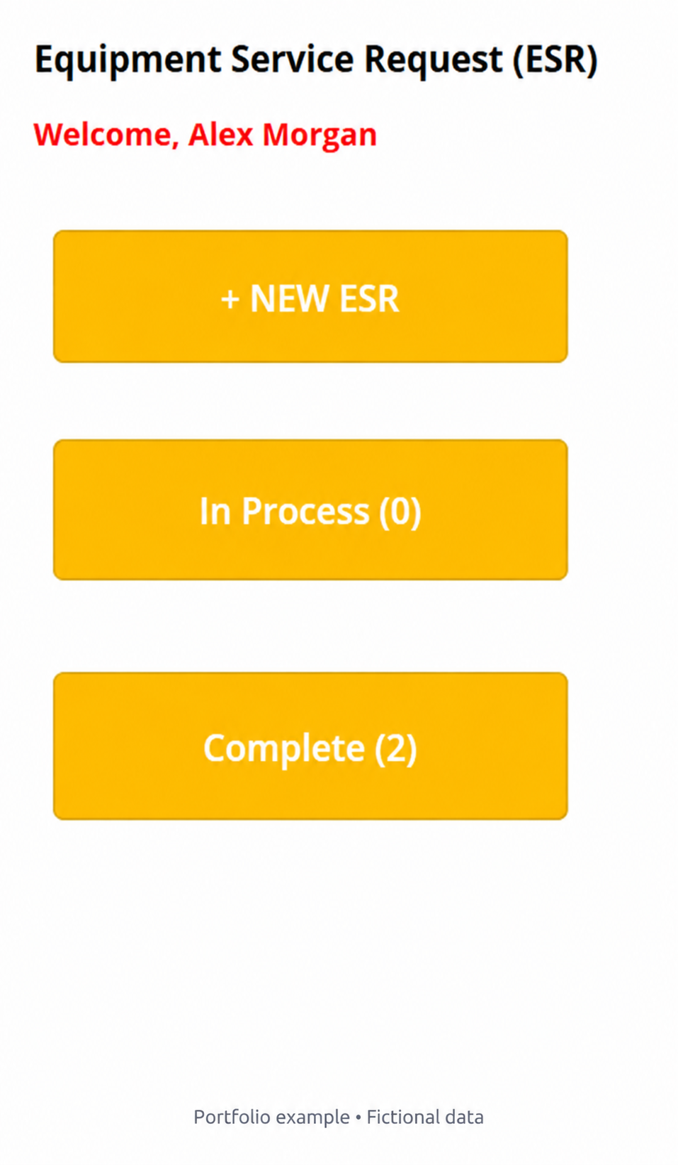 Service request app home screen with fictional portfolio data